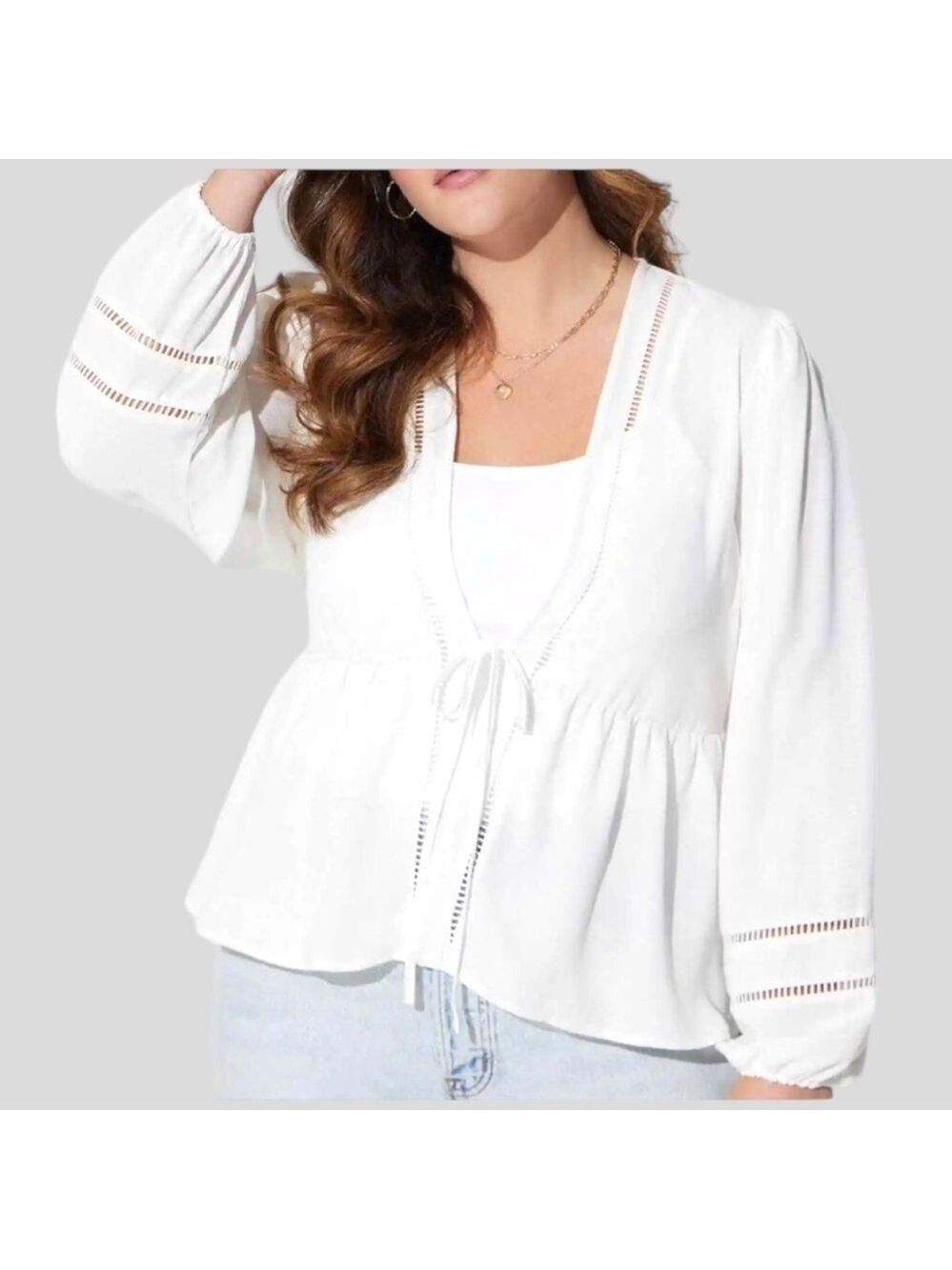 Torrid 2 Women’s White Eyelet Top Front Lace-up Cottagecore, Boho Long Sleeve - Picture 3 of 14